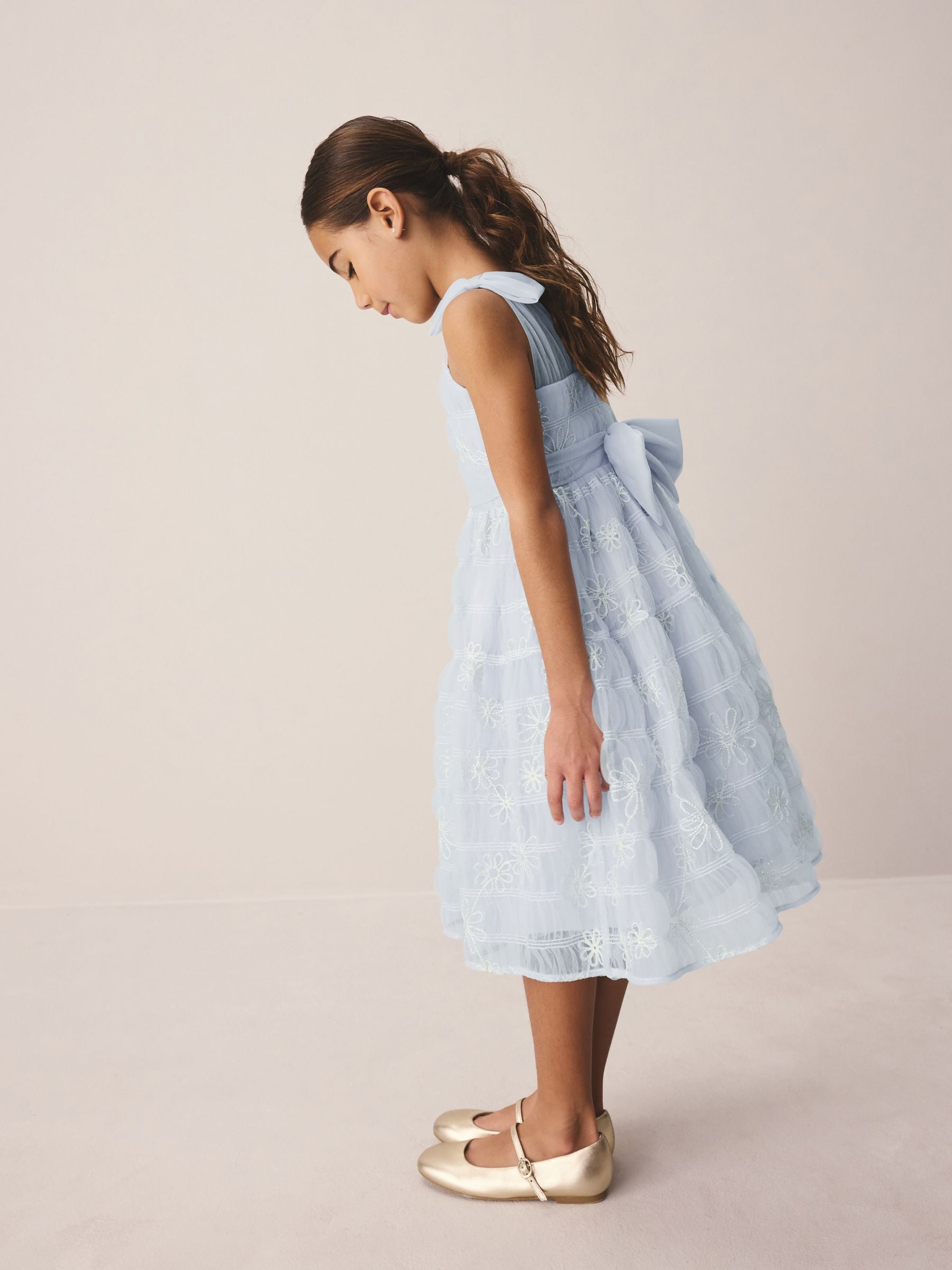 Laura Ashley White/Blue Embroidered Mesh Bow Dress image 4