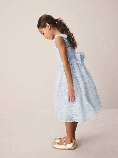 Laura Ashley White/Blue Embroidered Mesh Bow Dress image 4