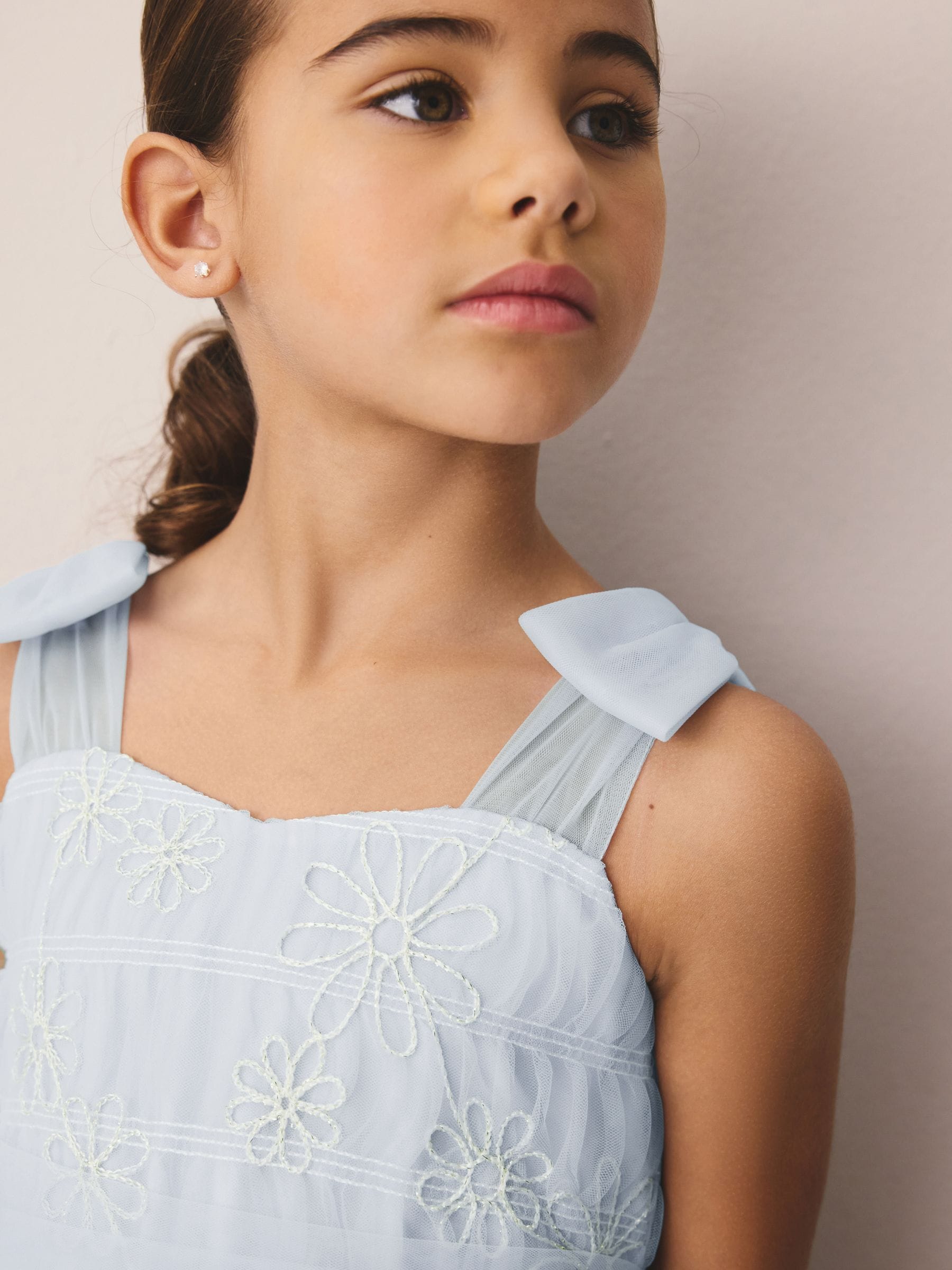 Laura Ashley White/Blue Embroidered Mesh Bow Dress image 6