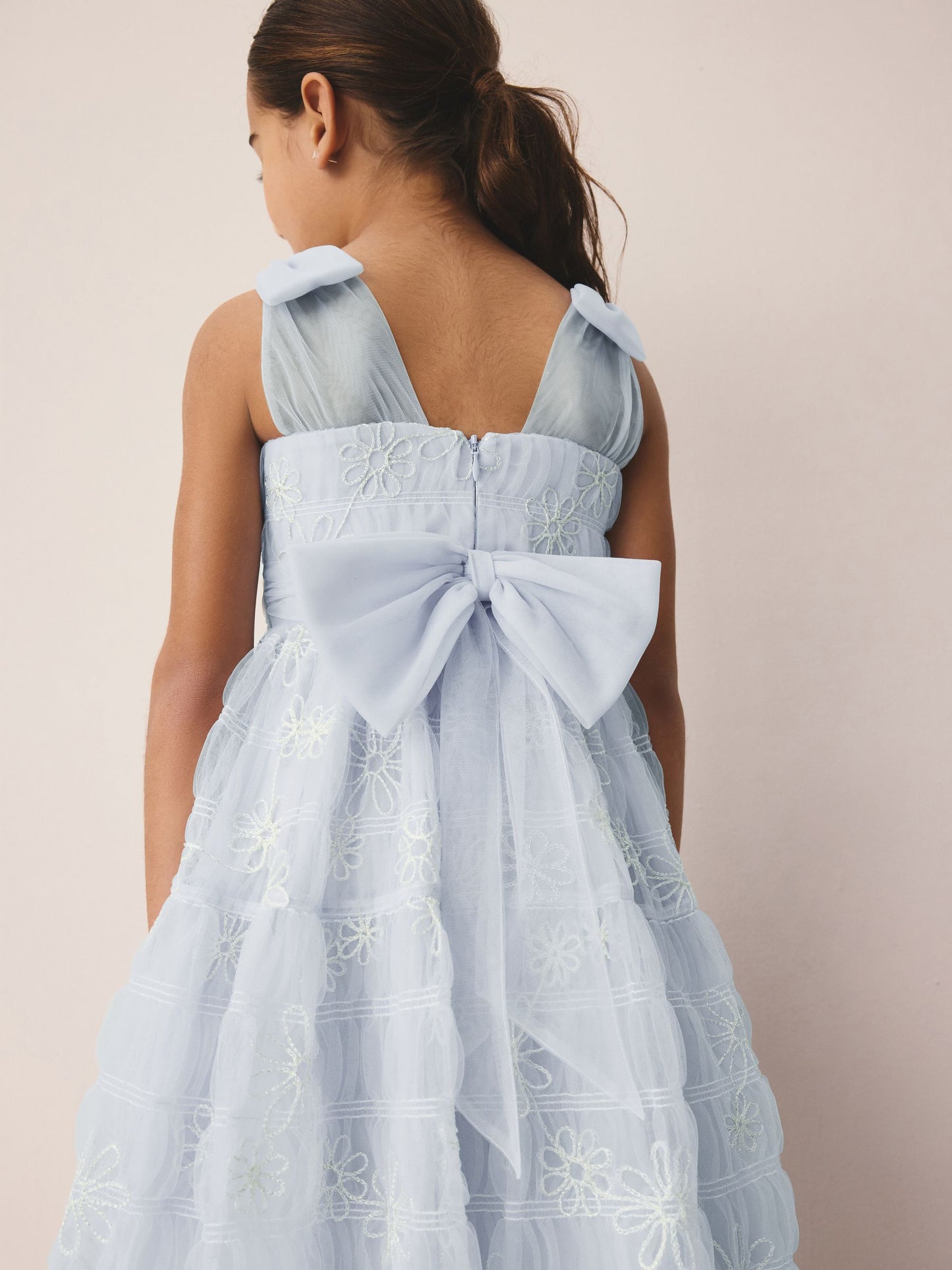 Laura Ashley White/Blue Embroidered Mesh Bow Dress image 7