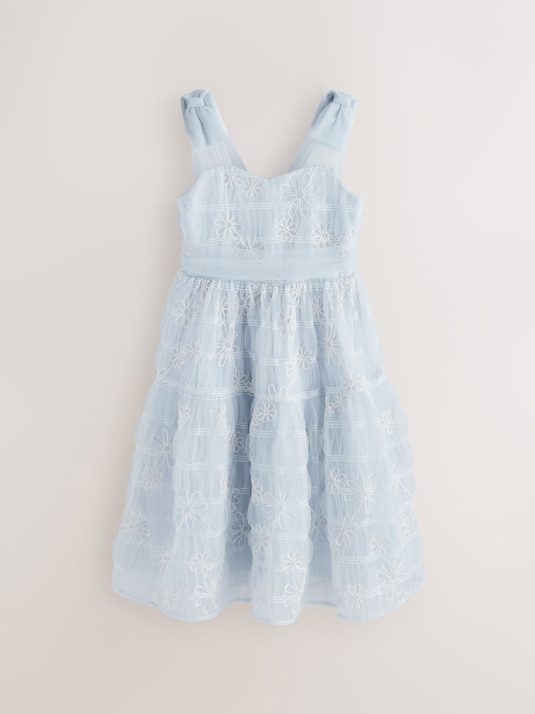 Laura Ashley White/Blue Embroidered Mesh Bow Dress image 8