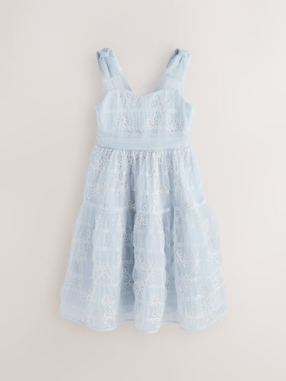 Laura Ashley White/Blue Embroidered Mesh Bow Dress image 8