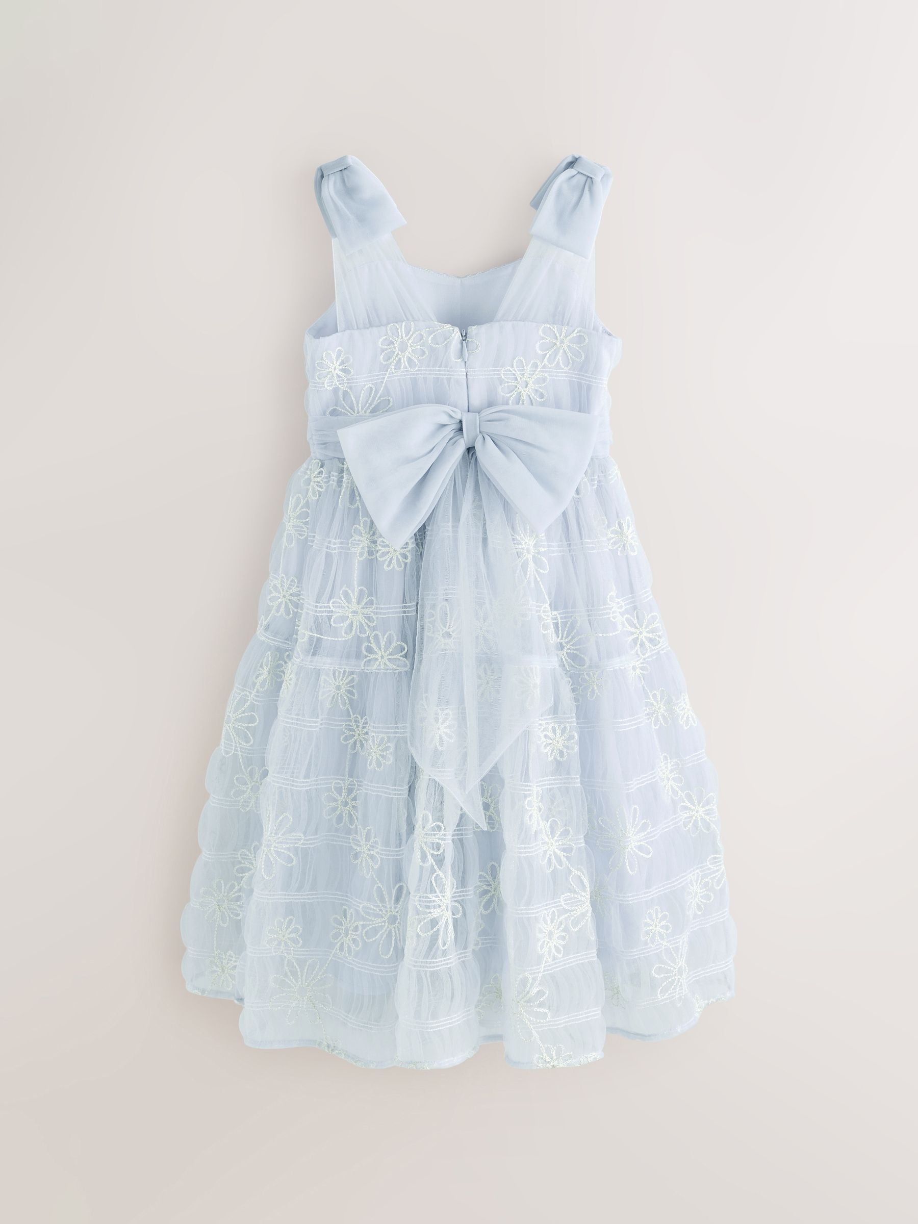 Laura Ashley White/Blue Embroidered Mesh Bow Dress image 9