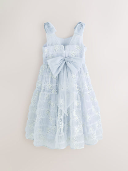 Laura Ashley White/Blue Embroidered Mesh Bow Dress image 9