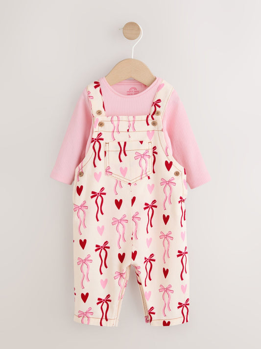 Cream/Pink Bows Baby Dungarees and Bodysuit Set 2 Piece (0mths-3yrs) image 1