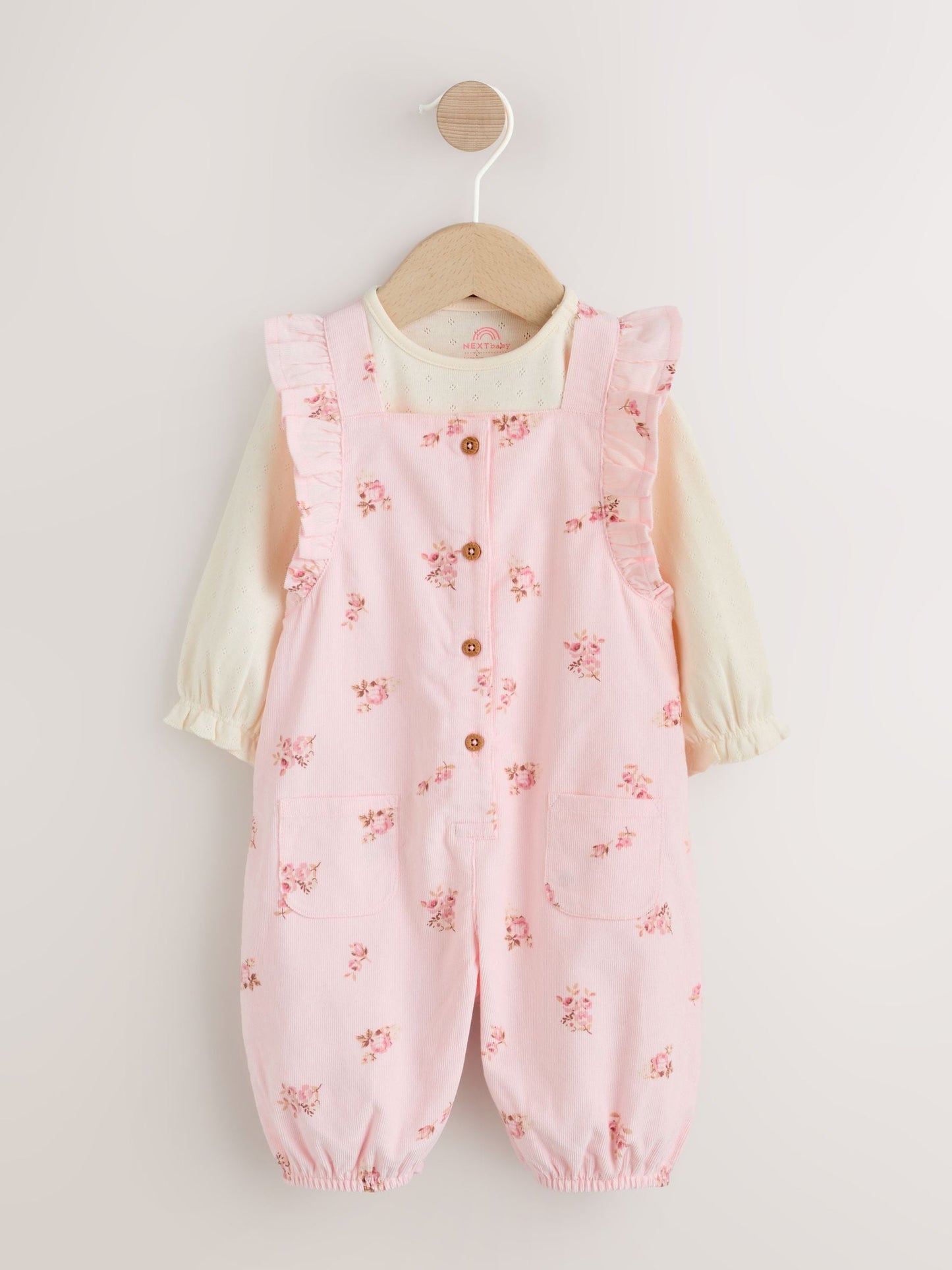 Light Pink Ditsy Baby Print Long Sleeve Bodysuit and Cord Dungarees Set 2 Piece (0mths-2yrs)