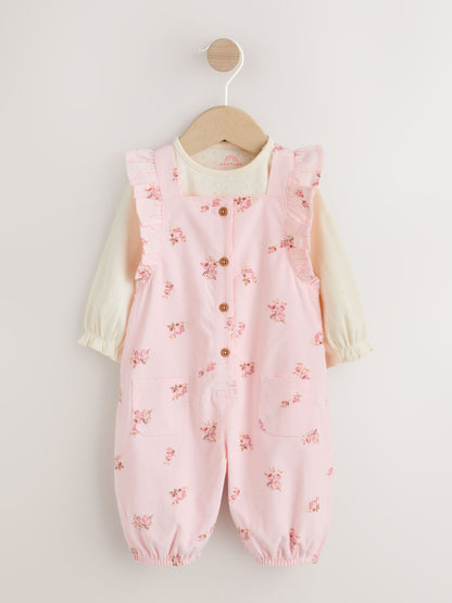 Light Pink Ditsy Baby Print Long Sleeve Bodysuit and Cord Dungarees Set 2 Piece (0mths-2yrs)