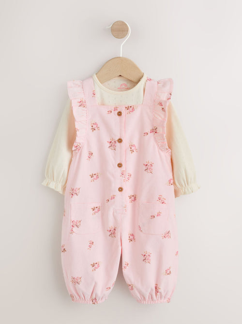 Light Pink Ditsy Baby Print Long Sleeve Bodysuit and Cord Dungarees Set 2 Piece (0mths-2yrs) image 1