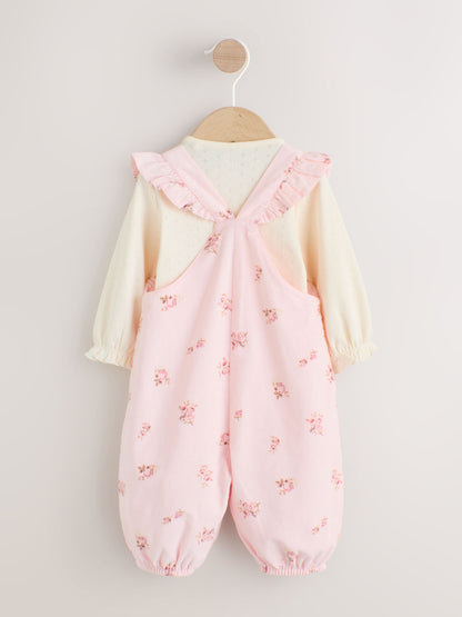Light Pink Ditsy Baby Print Long Sleeve Bodysuit and Cord Dungarees Set 2 Piece (0mths-2yrs)