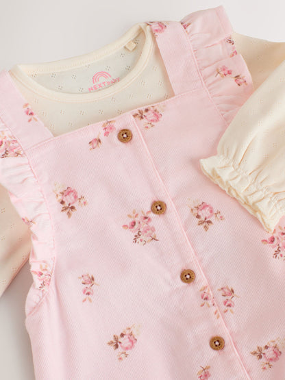 Light Pink Ditsy Baby Print Long Sleeve Bodysuit and Cord Dungarees Set 2 Piece (0mths-2yrs)