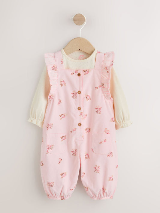Light Pink Ditsy Baby Print Long Sleeve Bodysuit and Cord Dungarees Set 2 Piece (0mths-2yrs) image 1