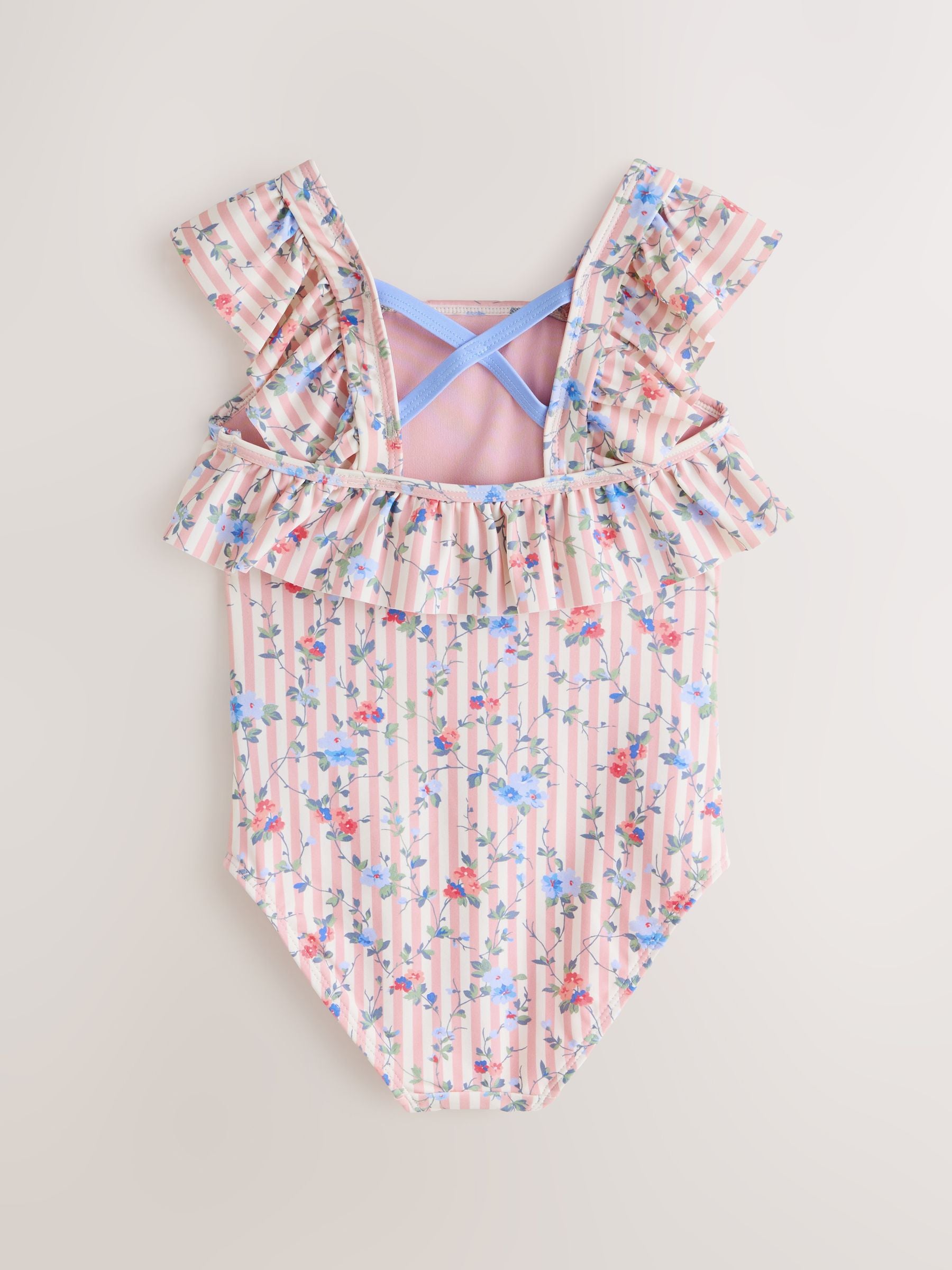 Laura Ashley White/Pink Priory Stripe Frill Detail Swimsuit image 1