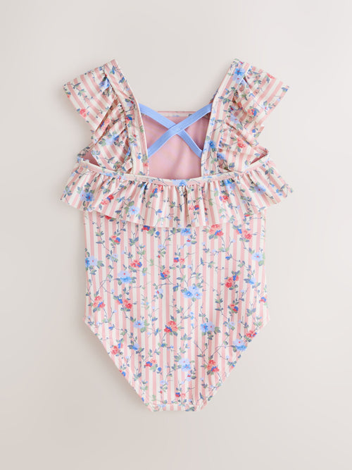 Dsiney Kidz - Laura Ashley White/Pink Priory Stripe Frill Detail Swimsuit image 1