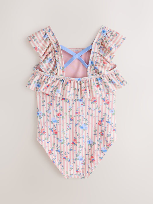 Dsiney Kidz - Laura Ashley White/Pink Priory Stripe Frill Detail Swimsuit image 1