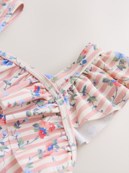Laura Ashley White/Pink Priory Stripe Frill Detail Swimsuit image 4