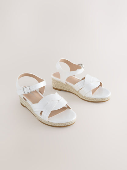 White Woven Heeled Wedge Sandals image 1