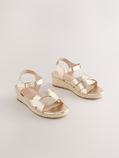 Gold Woven Heeled Wedge Sandals image 1