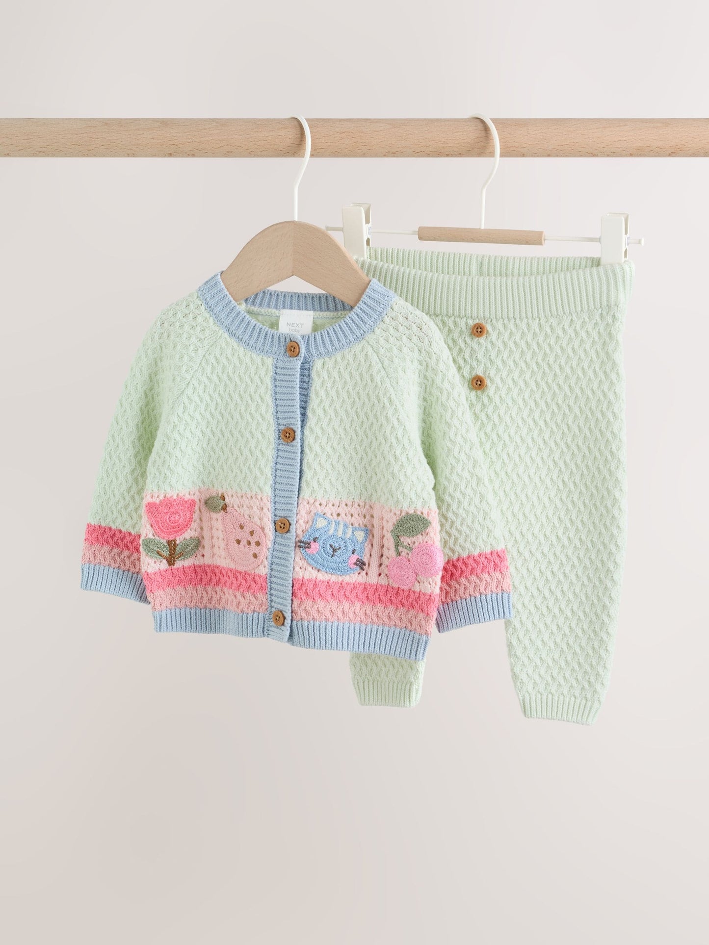 Sage Green Crochet Animal Knitted Cardigan and Legging Baby Set (0mths-2yrs) image 1