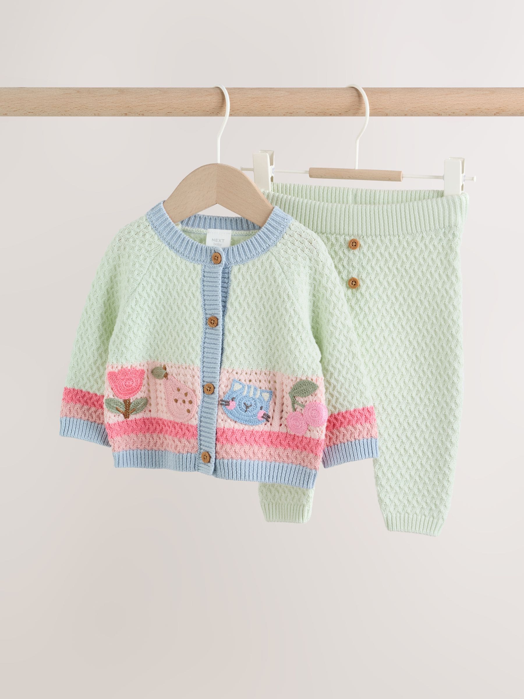 Sage Green Crochet Animal Knitted Cardigan and Legging Baby Set (0mths-2yrs) image 1