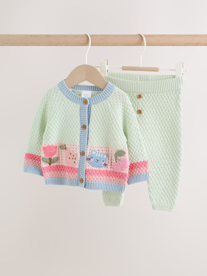 Sage Green Crochet Animal Knitted Cardigan and Legging Baby Set (0mths-2yrs) image 1