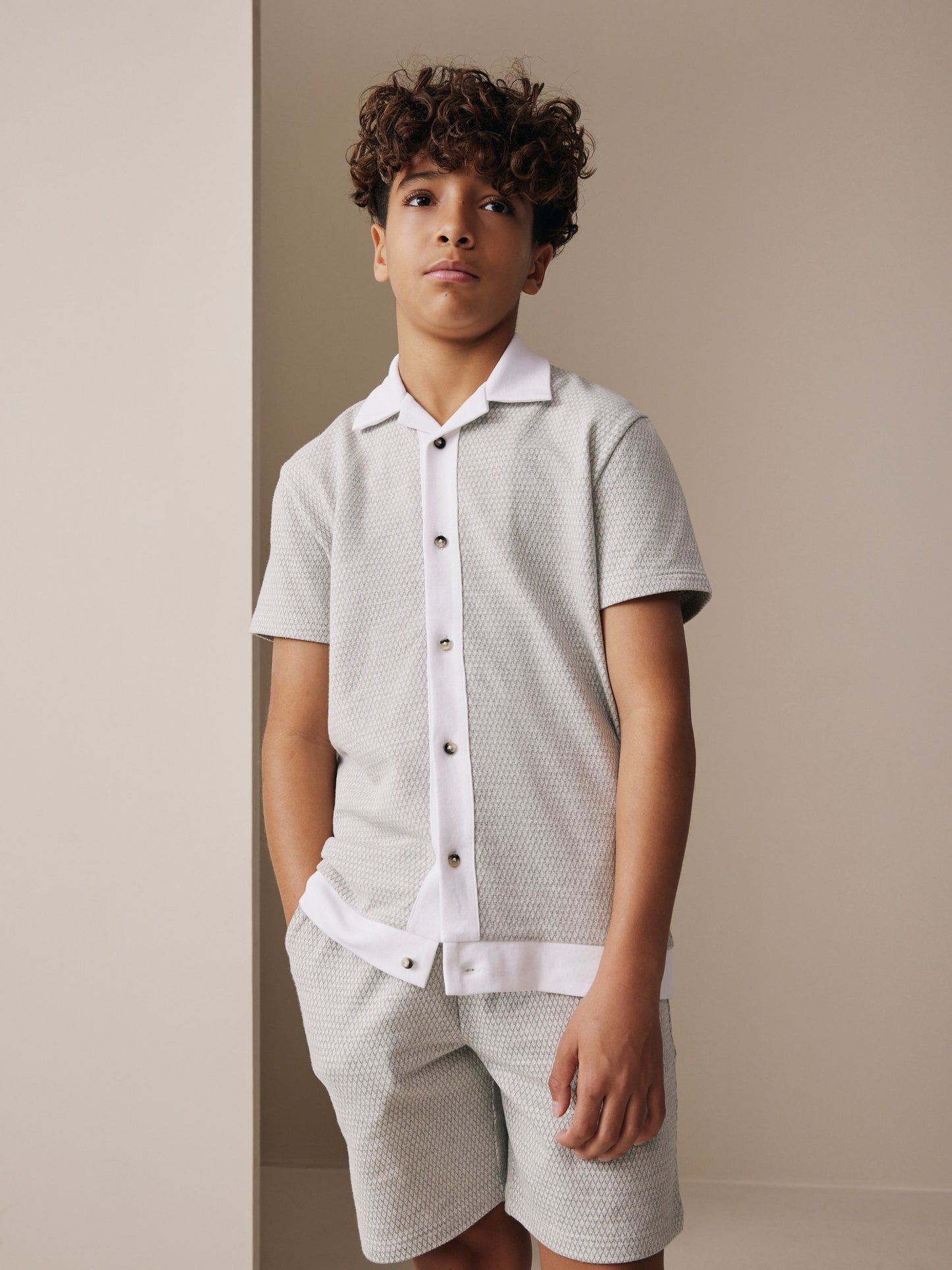 Dsiney Kidz - Grey/White Textured Revere Button Through Shirt and Shorts Set (3-16yrs) image 1