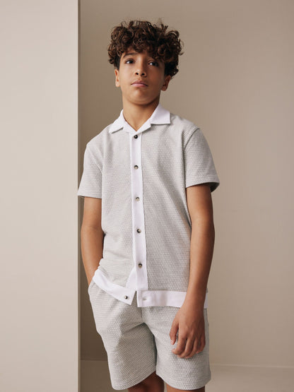 Dsiney Kidz - Grey/White Textured Revere Button Through Shirt and Shorts Set (3-16yrs) image 1