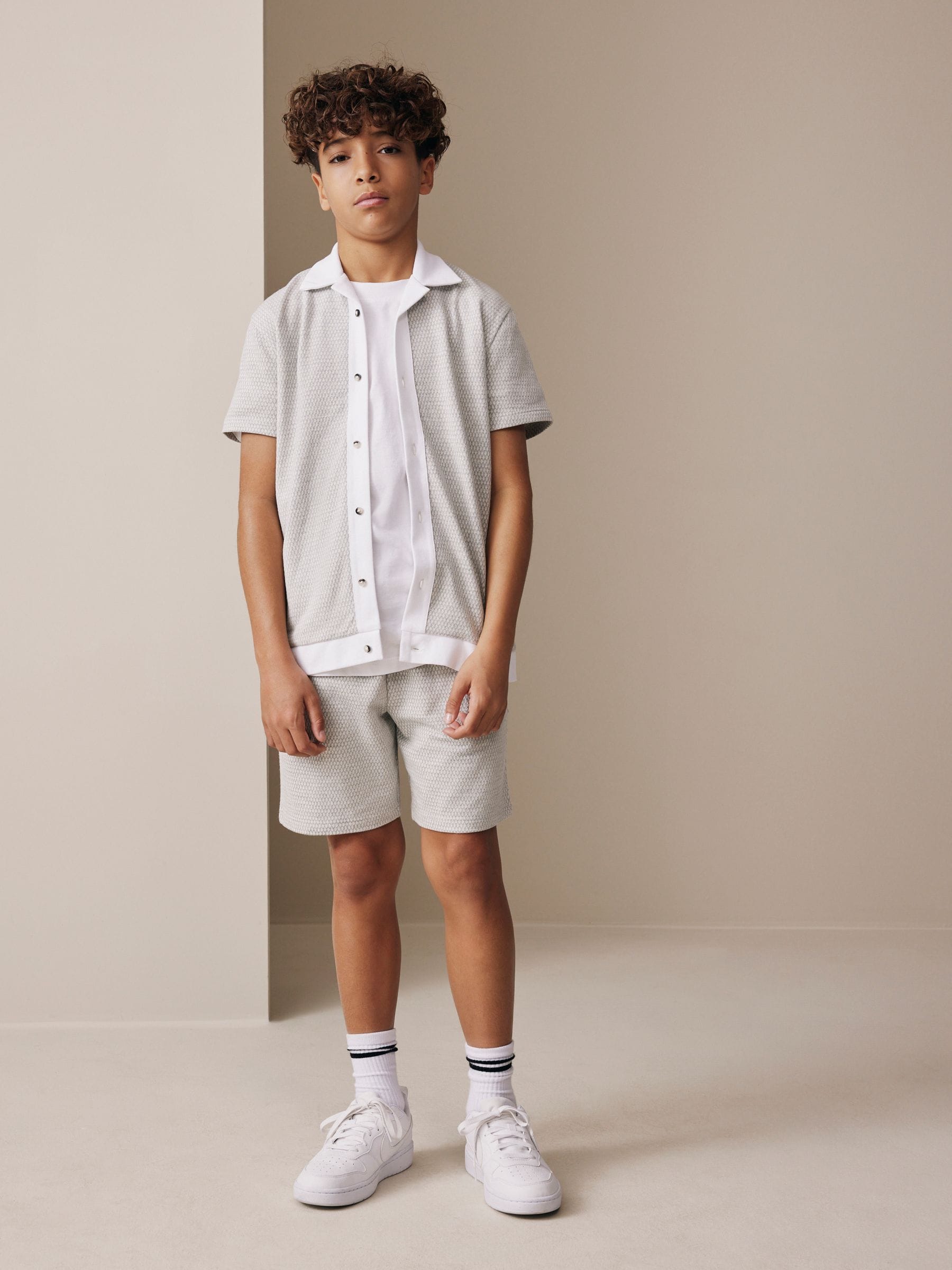 Dsiney Kidz - Grey/White Textured Revere Button Through Shirt and Shorts Set (3-16yrs) image 2
