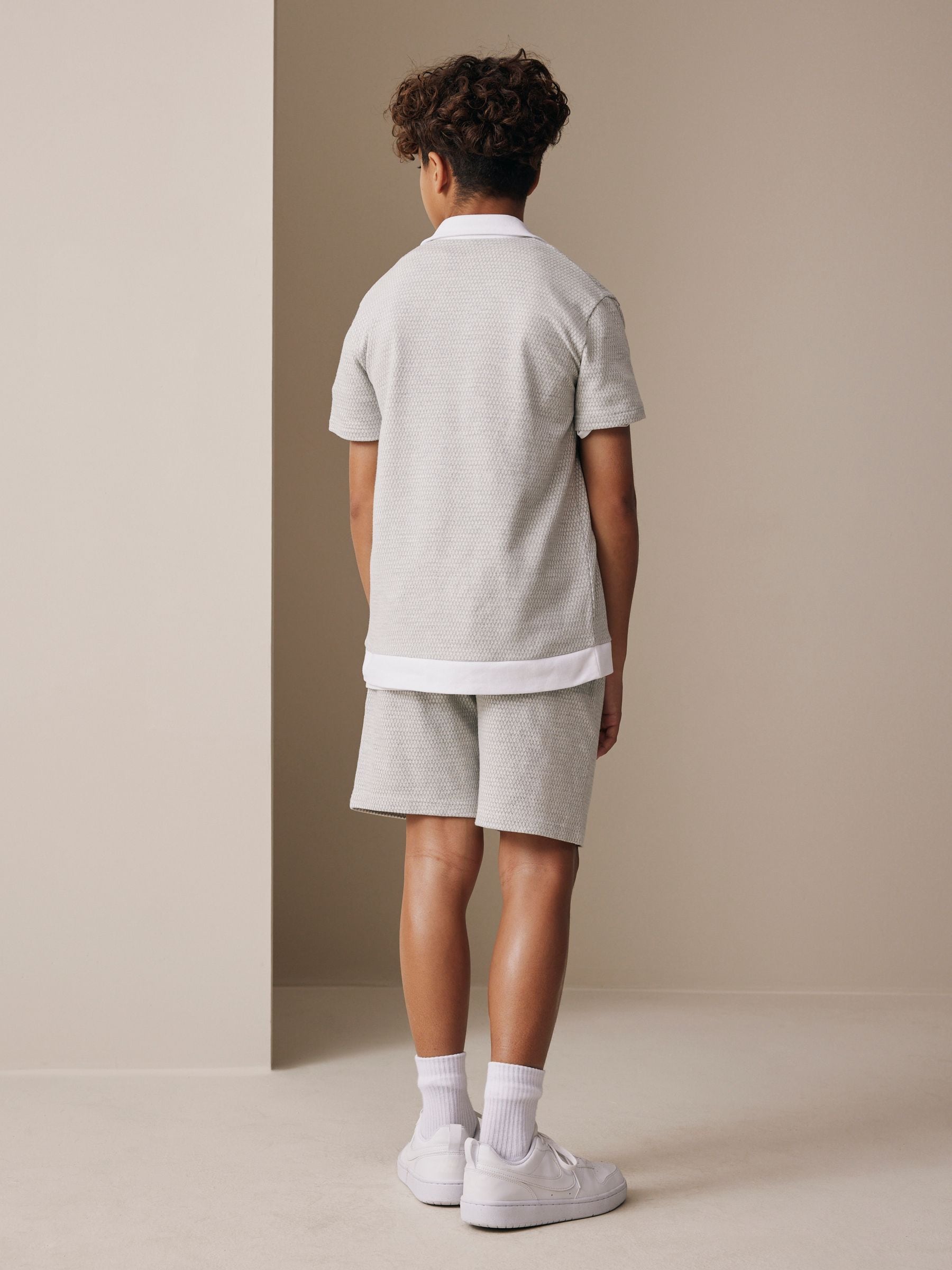 Dsiney Kidz - Grey/White Textured Revere Button Through Shirt and Shorts Set (3-16yrs) image 3