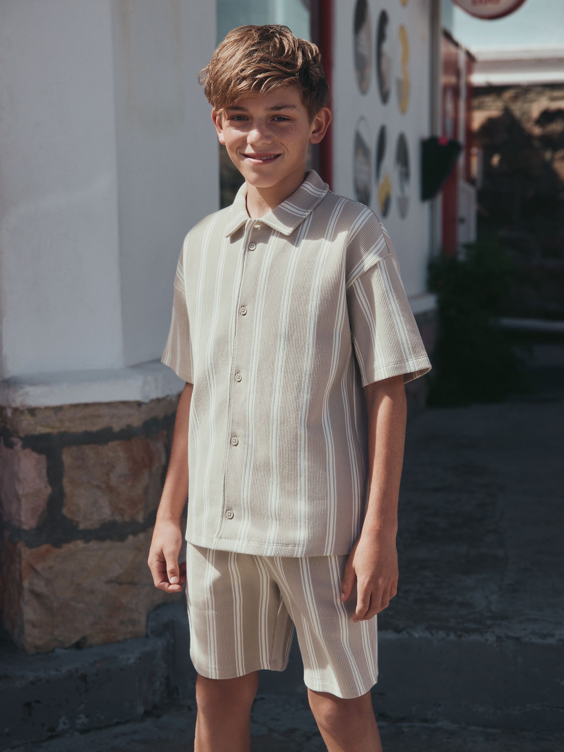 Dsiney Kidz - Stone Vertical Stripe Revere Button Through Shirt and Shorts Set (3-16yrs) image 2