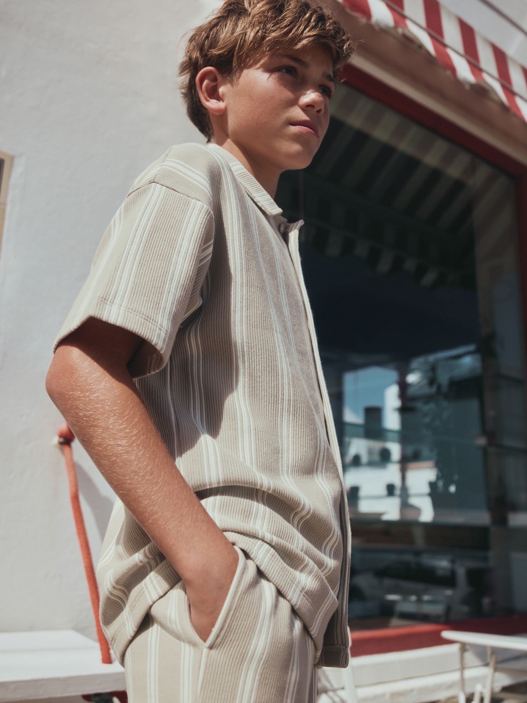 Dsiney Kidz - Stone Vertical Stripe Revere Button Through Shirt and Shorts Set (3-16yrs) image 3