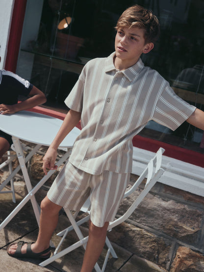 Dsiney Kidz - Stone Vertical Stripe Revere Button Through Shirt and Shorts Set (3-16yrs) image 5
