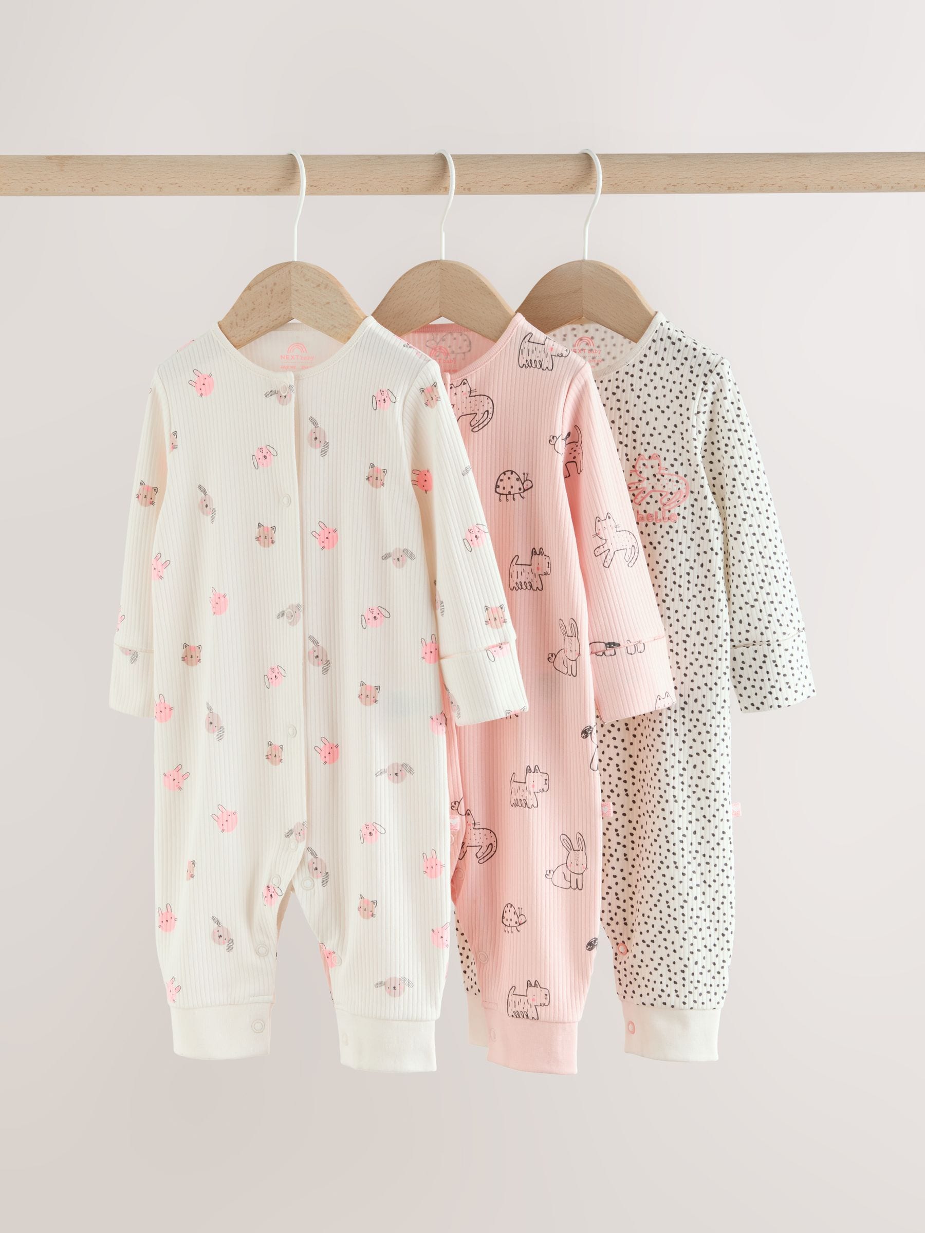 Pink Two Way Zip Baby Sleepsuit 3 Pack (0mths-3yrs) image 1