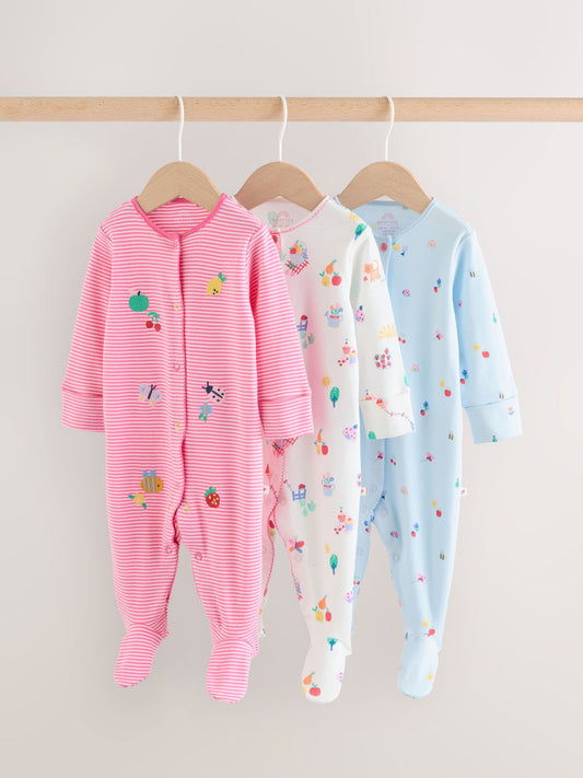 Pink/White/Blue Fruit Baby Sleepsuits 3 Pack (0mths-2yrs) image 1