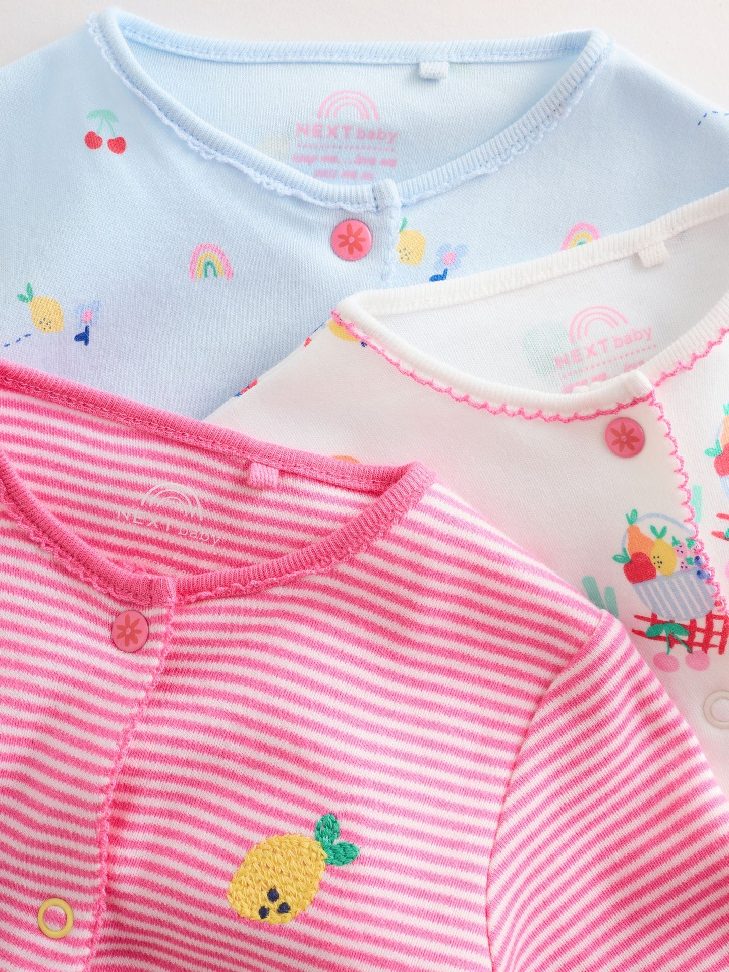 Pink/White/Blue Fruit Baby Sleepsuits 3 Pack (0mths-2yrs) image 8