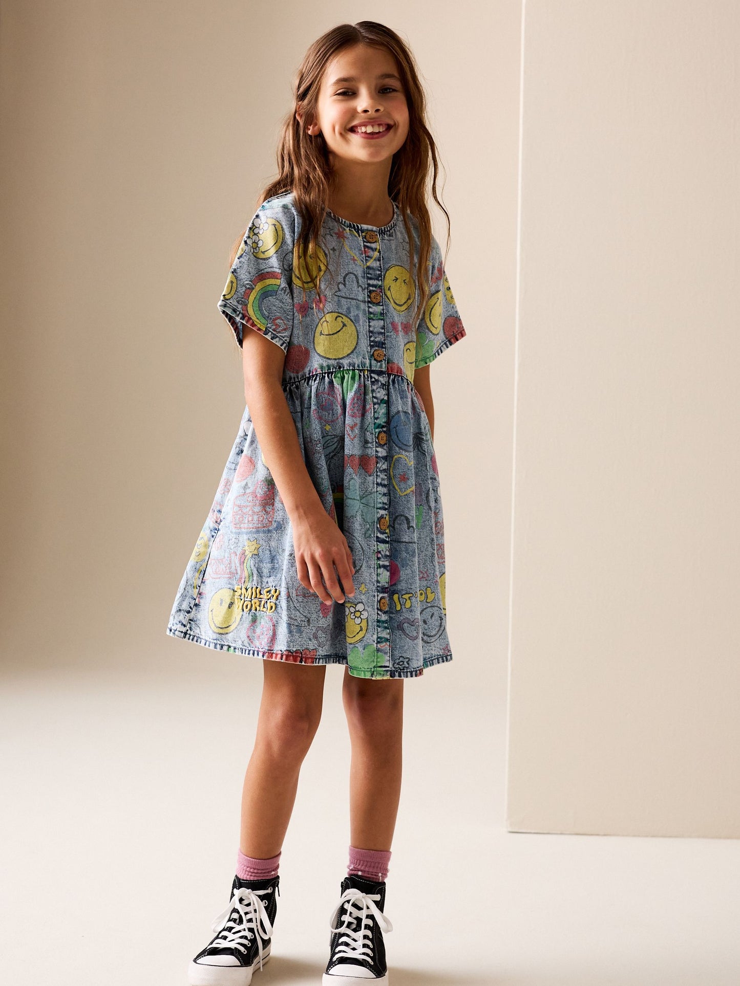 Blue Denim Button Through Smiley Dress (3-16yrs) image 1