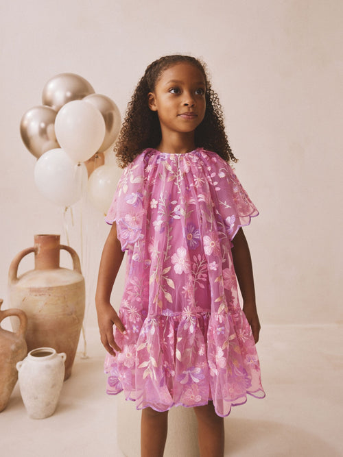 Dsiney Kidz - Pink Flower Embroidered Tiered Occasion Dress (3-16yrs) image 1