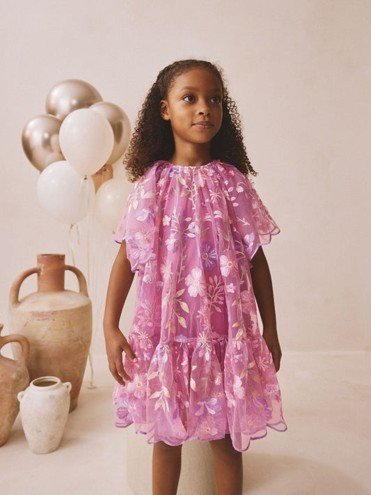 Pink Flower Embroidered Tiered Occasion Dress (3-16yrs) image 1