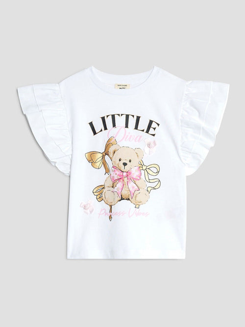 River Island White Girls Frill Sleeve Bear Print T-Shirt image 1