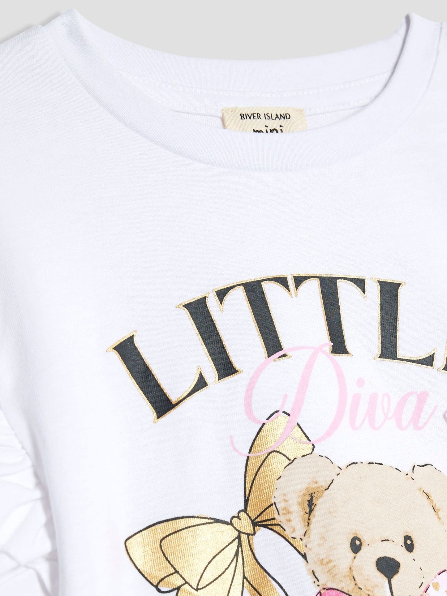 River Island White Girls Frill Sleeve Bear Print T-Shirt image 3