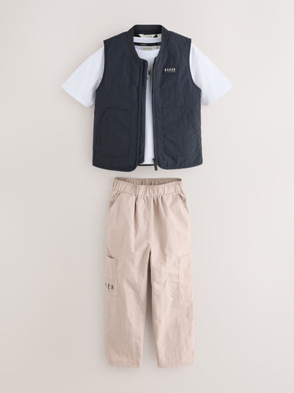 Baker by Ted Baker 3 Piece Black Gilet T-Shirt and Cargo Trousers Set image 11