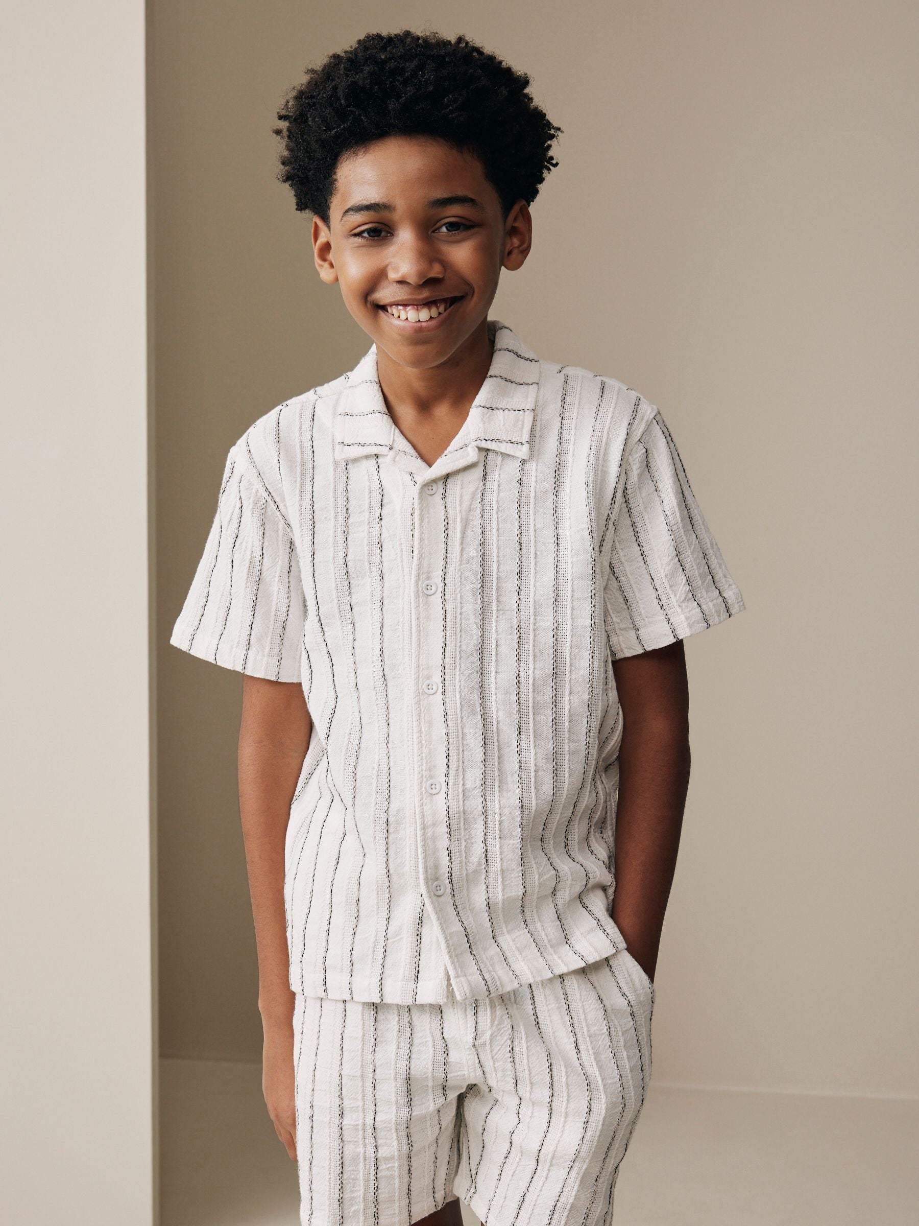 Dsiney Kidz - White Short Sleeve Textured Stripe Shirt and Shorts Set (3-16yrs) image 1