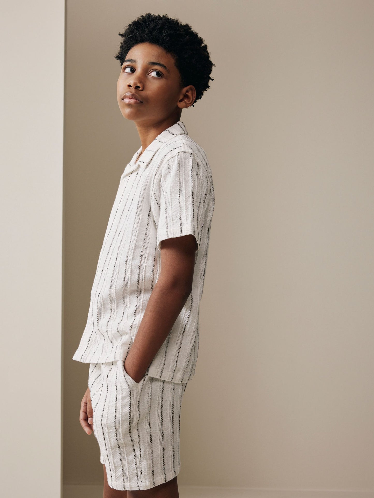 Dsiney Kidz - White Short Sleeve Textured Stripe Shirt and Shorts Set (3-16yrs) image 2