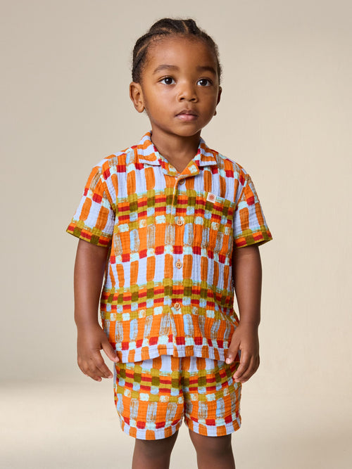 Multi Rust Stripe Short Sleeve Double Cloth Shirt & Shorts Set (3mths-10yrs) image 1