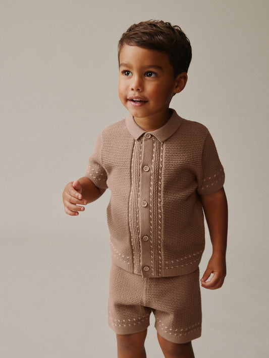 Tan Brown Textured Knitted Button Through Polo Shirt and Shorts Set (3mths-10yrs) image 1