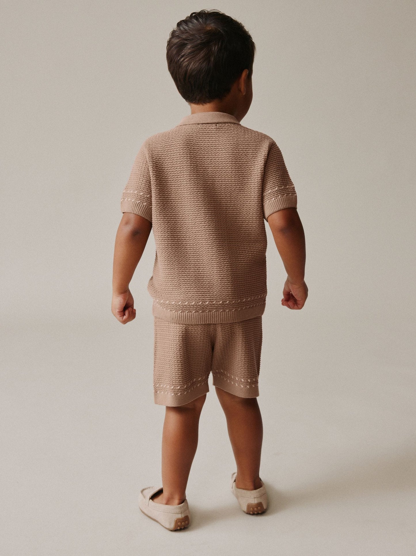 Tan Brown Textured Knitted Button Through Polo Shirt and Shorts Set (3mths-10yrs) image 3