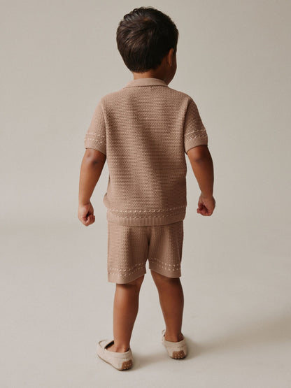 Tan Brown Textured Knitted Button Through Polo Shirt and Shorts Set (3mths-10yrs) image 3