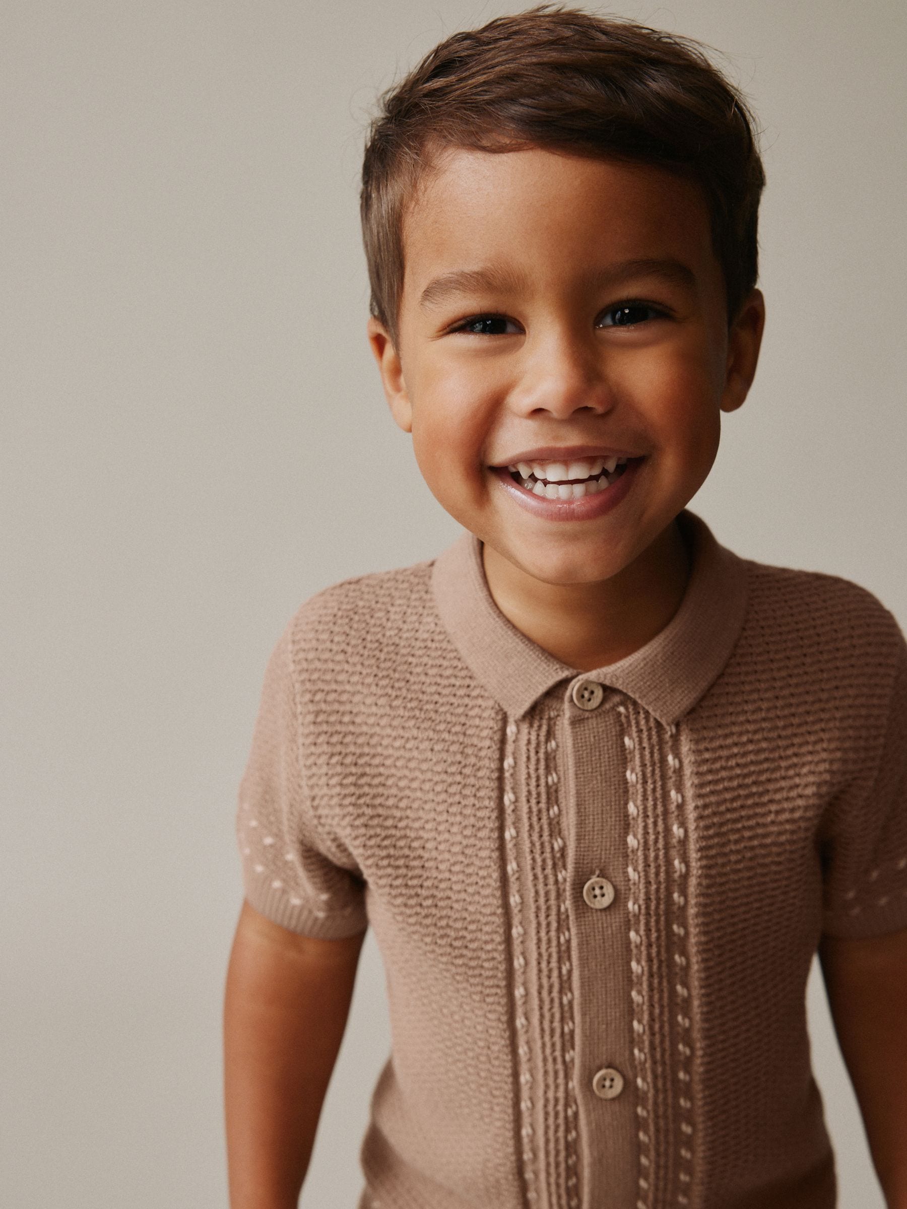 Tan Brown Textured Knitted Button Through Polo Shirt and Shorts Set (3mths-10yrs) image 4