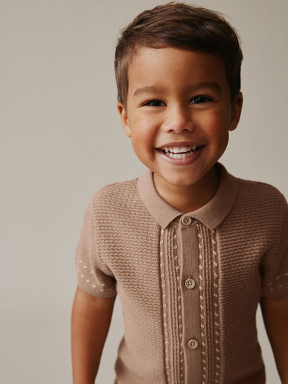 Tan Brown Textured Knitted Button Through Polo Shirt and Shorts Set (3mths-10yrs) image 4
