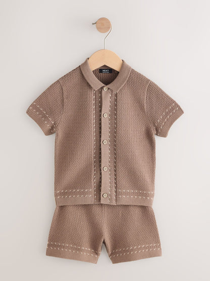 Tan Brown Textured Knitted Button Through Polo Shirt and Shorts Set (3mths-10yrs) image 5