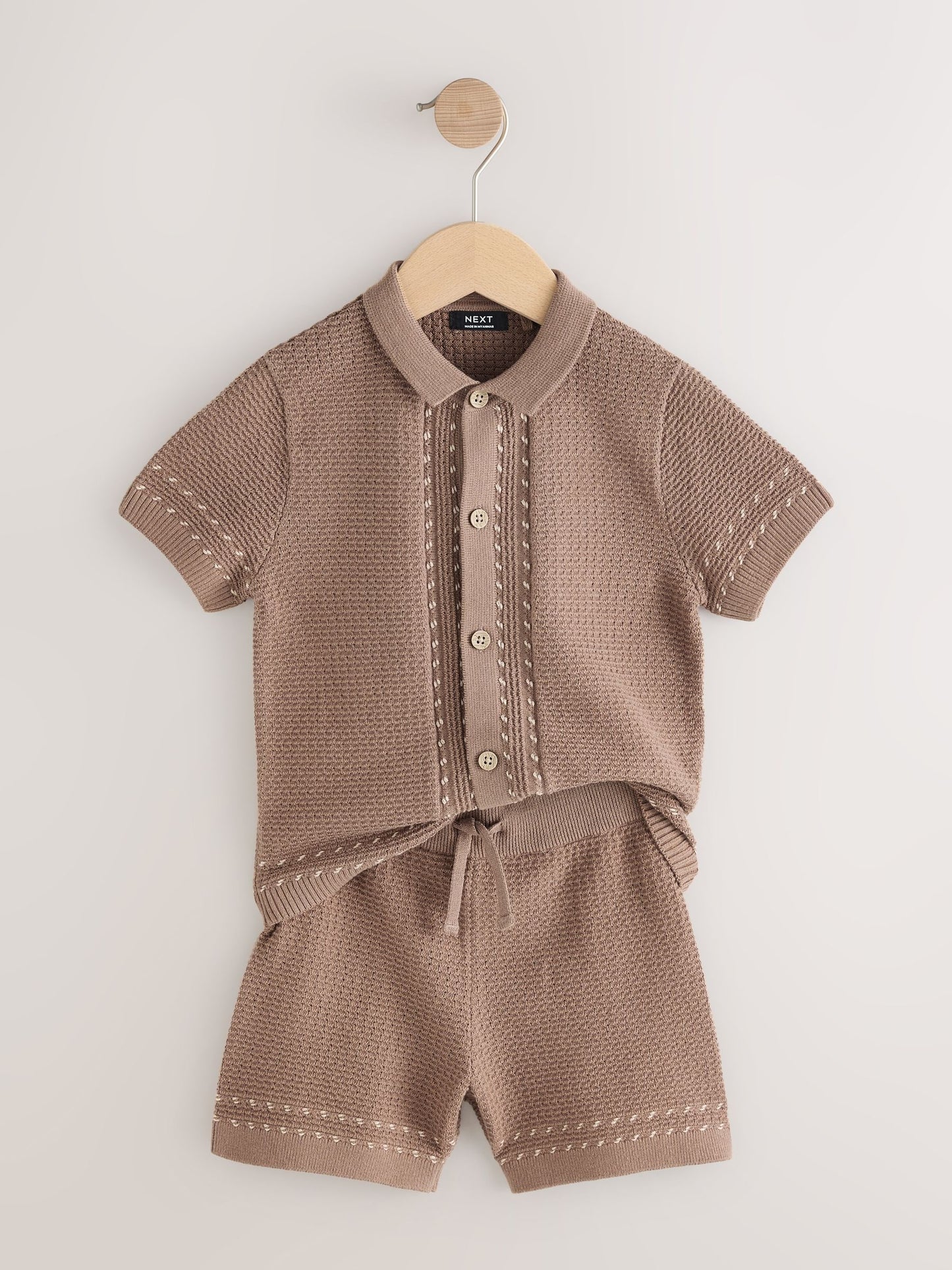 Tan Brown Textured Knitted Button Through Polo Shirt and Shorts Set (3mths-10yrs) image 6